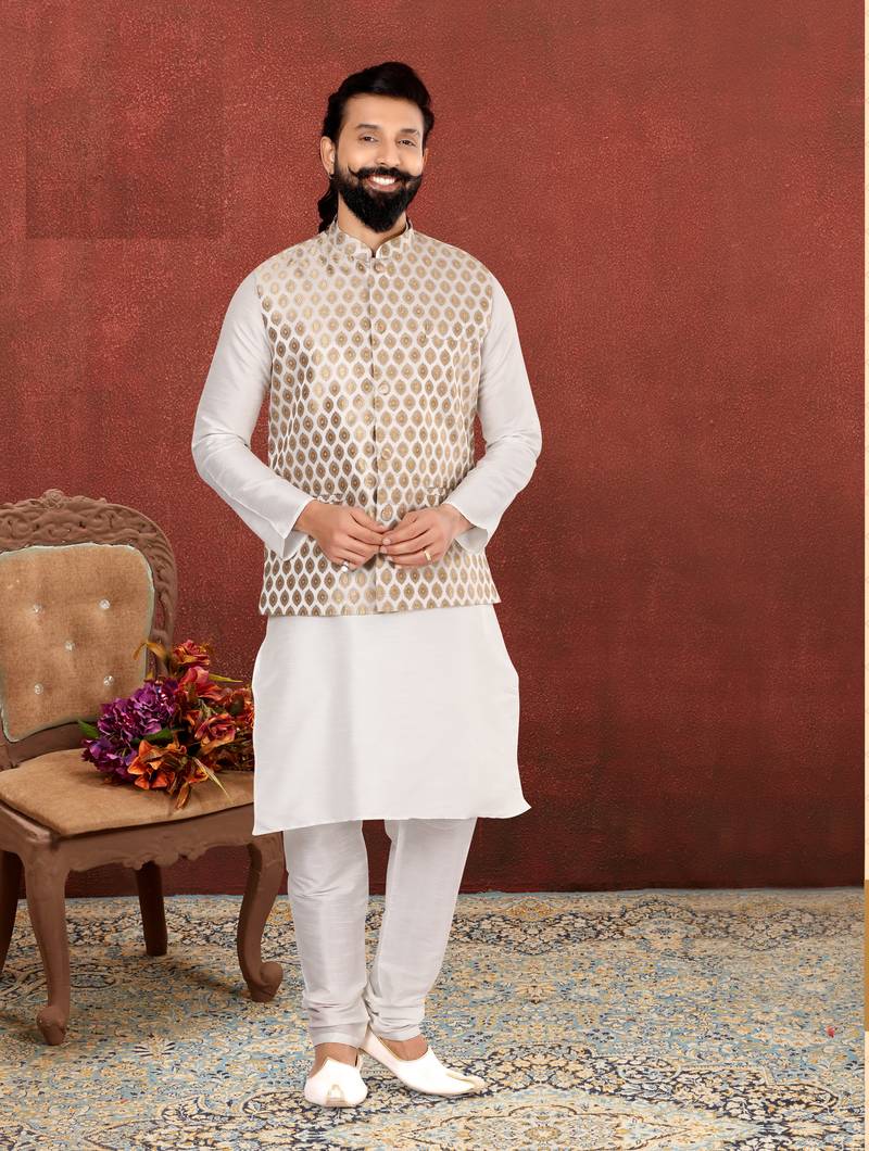 Men White Jacquard Silk Nehru Jacket with Plain White Dupion Silk Kurta Churidar