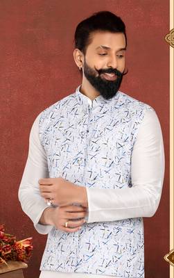 Men Off White Cotton Printed Nehru Jacket with Plain White Dupion Silk Kurta Churidar 7