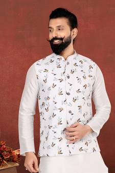 Men White Cotton Printed Nehru Jacket with Plain White Dupion Silk Kurta Churidar