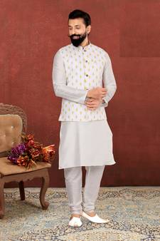 Men White Cotton Printed Nehru Jacket with Plain White Dupion Silk Kurta Churidar
