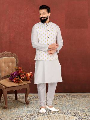 Men White Cotton Printed Nehru Jacket with Plain White Dupion Silk Kurta Churidar 1
