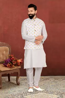 Men White Cotton Printed Nehru Jacket with Plain White Dupion Silk Kurta Churidar