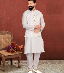 Men White Cotton Printed Nehru Jacket with Plain White Dupion Silk Kurta Churidar