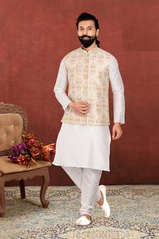 Men White Dupion Silk Embroidered Nehru Jacket with Plain White Dupion Silk Kurta Churidar