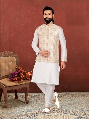 Men White Dupion Silk Embroidered Nehru Jacket with Plain White Dupion Silk Kurta Churidar 1