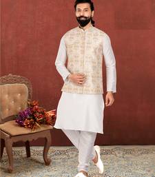 Men White Dupion Silk Embroidered Nehru Jacket with Plain White Dupion Silk Kurta Churidar