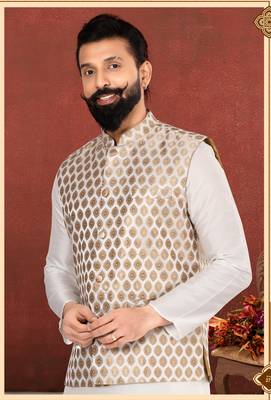 Men White Jacquard Silk Nehru Jacket with Plain White Dupion Silk Kurta Churidar 1