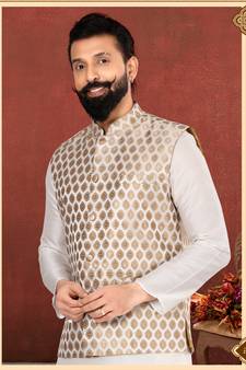 Men White Jacquard Silk Nehru Jacket with Plain White Dupion Silk Kurta Churidar