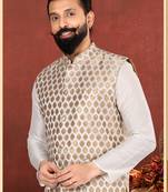 Men White Jacquard Silk Nehru Jacket with Plain White Dupion Silk Kurta Churidar