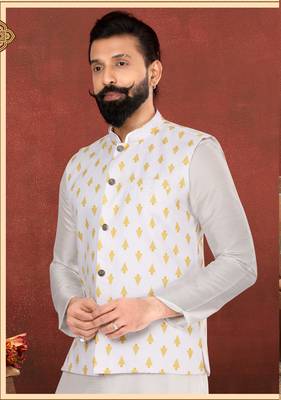 Men White Cotton Printed Nehru Jacket with Plain White Dupion Silk Kurta Churidar 7