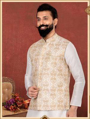 Men White Dupion Silk Embroidered Nehru Jacket with Plain White Dupion Silk Kurta Churidar 7