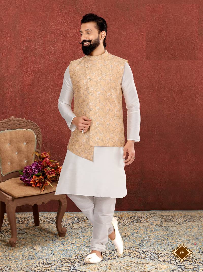 Men Yellow Jacquard Silk Nehru Jacket with Plain White Dupion Silk Kurta Churidar