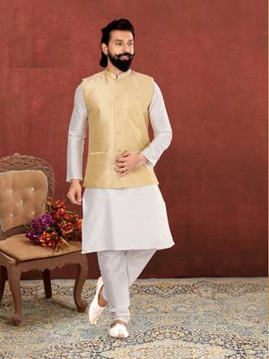 Men Golden Dupion Silk Nehru Jacket with Plain White Dupion Silk Kurta Churidar 7
