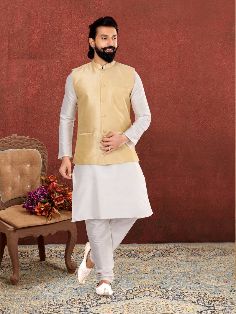 Men Golden Dupion Silk Nehru Jacket with Plain White Dupion Silk Kurta Churidar