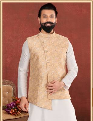 Men Yellow Jacquard Silk Nehru Jacket with Plain White Dupion Silk Kurta Churidar 1
