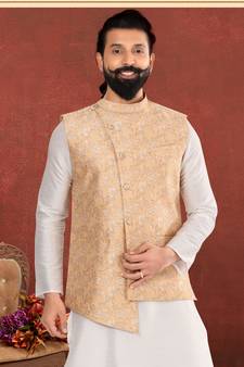 Men Yellow Jacquard Silk Nehru Jacket with Plain White Dupion Silk Kurta Churidar