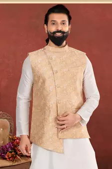 Men Yellow Jacquard Silk Nehru Jacket with Plain White Dupion Silk Kurta Churidar