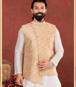Men Yellow Jacquard Silk Nehru Jacket with Plain White Dupion Silk Kurta Churidar