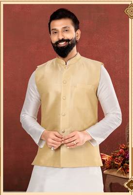 Men Golden Dupion Silk Nehru Jacket with Plain White Dupion Silk Kurta Churidar 1