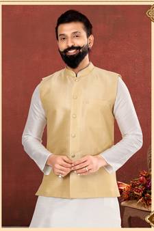 Men Golden Dupion Silk Nehru Jacket with Plain White Dupion Silk Kurta Churidar