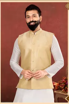 Men Golden Dupion Silk Nehru Jacket with Plain White Dupion Silk Kurta Churidar