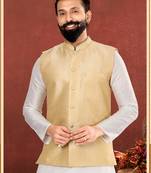 Men Golden Dupion Silk Nehru Jacket with Plain White Dupion Silk Kurta Churidar