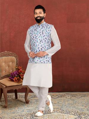 Men Off White Cotton Printed Nehru Jacket with Plain White Dupion Silk Kurta Churidar 1