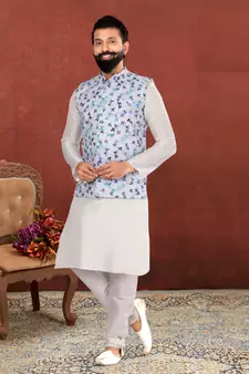 Men Off White Cotton Printed Nehru Jacket with Plain White Dupion Silk Kurta Churidar
