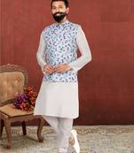 Men Off White Cotton Printed Nehru Jacket with Plain White Dupion Silk Kurta Churidar