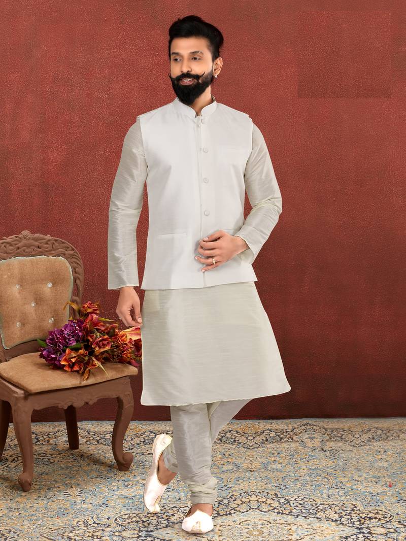Men White Dupion Silk Nehru Jacket with Plain White Dupion Silk Kurta Churidar