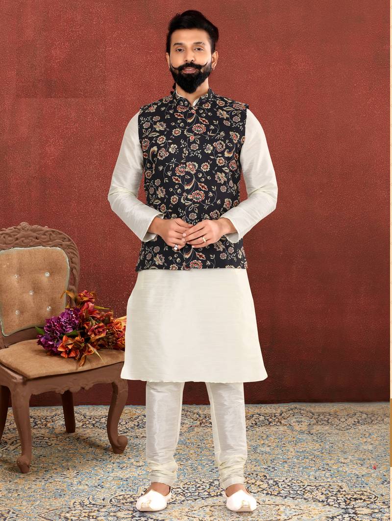 Men Black Cotton Printed Nehru Jacket with Plain White Dupion Silk Kurta Churidar