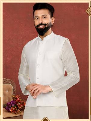 Men White Dupion Silk Nehru Jacket with Plain White Dupion Silk Kurta Churidar 1