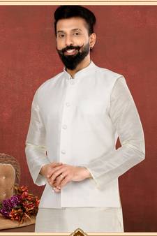 Men White Dupion Silk Nehru Jacket with Plain White Dupion Silk Kurta Churidar