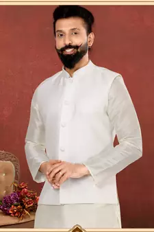 Men White Dupion Silk Nehru Jacket with Plain White Dupion Silk Kurta Churidar