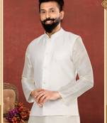 Men White Dupion Silk Nehru Jacket with Plain White Dupion Silk Kurta Churidar
