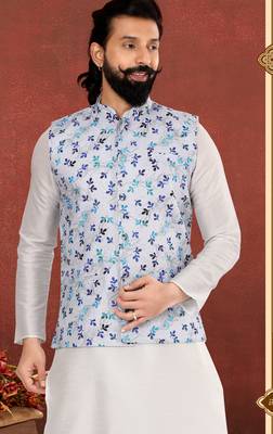 Men Off White Cotton Printed Nehru Jacket with Plain White Dupion Silk Kurta Churidar 7
