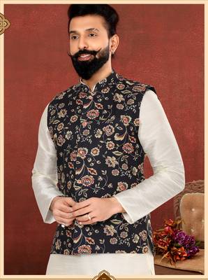 Men Black Cotton Printed Nehru Jacket with Plain White Dupion Silk Kurta Churidar 1