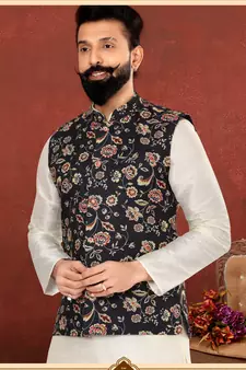 Men Black Cotton Printed Nehru Jacket with Plain White Dupion Silk Kurta Churidar