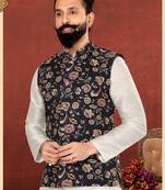 Men Black Cotton Printed Nehru Jacket with Plain White Dupion Silk Kurta Churidar