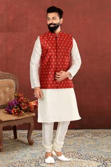 Men Red Jacquard Silk Nehru Jacket with Plain White Dupion Silk Kurta Churidar