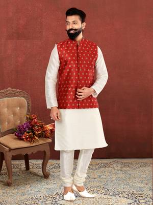 Men Red Jacquard Silk Nehru Jacket with Plain White Dupion Silk Kurta Churidar 1