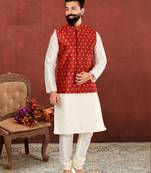Men Red Jacquard Silk Nehru Jacket with Plain White Dupion Silk Kurta Churidar