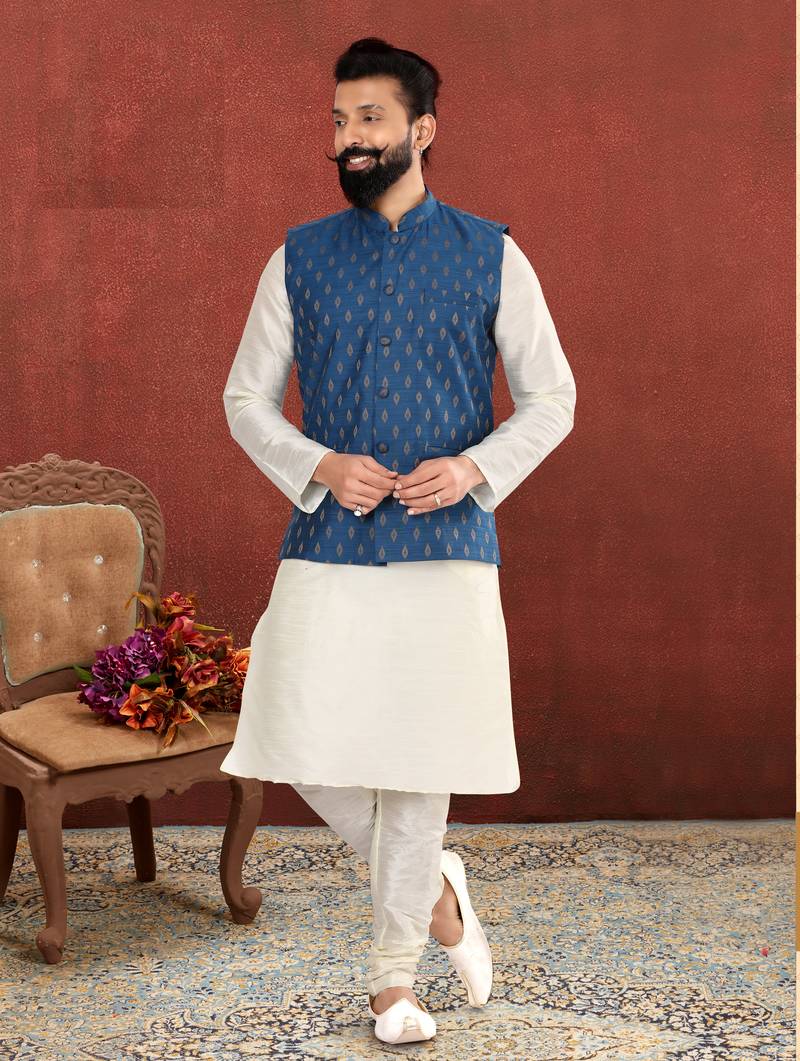 Men Blue Cotton Silk Nehru Jacket with Plain White Dupion Silk Kurta Churidar