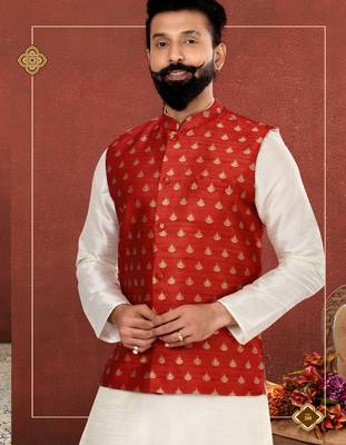 Men Red Jacquard Silk Nehru Jacket with Plain White Dupion Silk Kurta Churidar 7