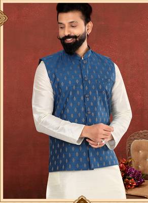 Men Blue Cotton Silk Nehru Jacket with Plain White Dupion Silk Kurta Churidar 1