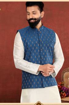 Men Blue Cotton Silk Nehru Jacket with Plain White Dupion Silk Kurta Churidar
