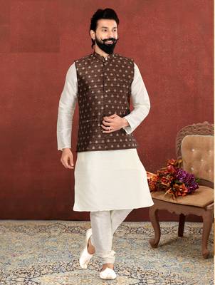 Men Brown Jacquard Silk Nehru Jacket with Plain White Dupion Silk Kurta Churidar 7