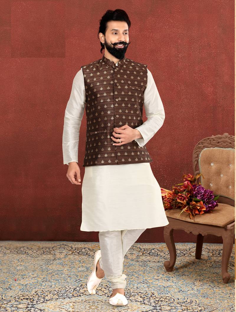 Men Brown Jacquard Silk Nehru Jacket with Plain White Dupion Silk Kurta Churidar