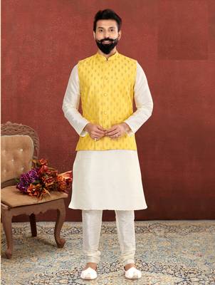 Men Yellow Cotton Silk Nehru Jacket with Plain White Dupion Silk Kurta Churidar 7