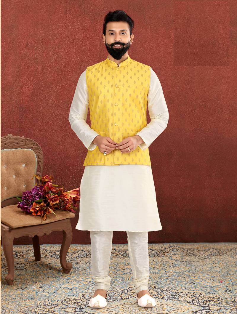 Men Yellow Cotton Silk Nehru Jacket with Plain White Dupion Silk Kurta Churidar